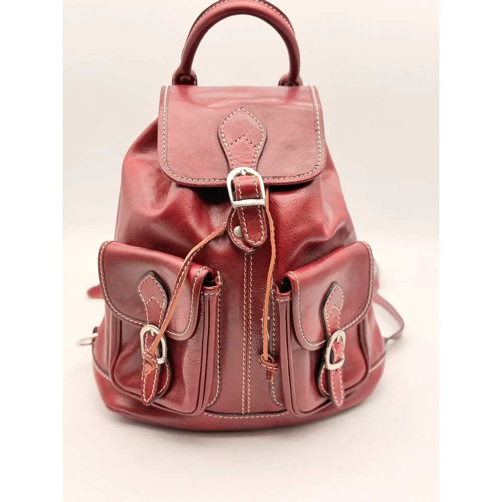Vintage Red Leather Rucksack Backpack Contrast Stitch Buckle Drawstring Medium